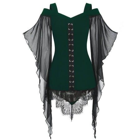YanHoo Women s Plus Size Gothic Blouses Mesh Butterfly Sleeve Corset Lace Up Steampunk Medieval Renaissance Vampire Tops