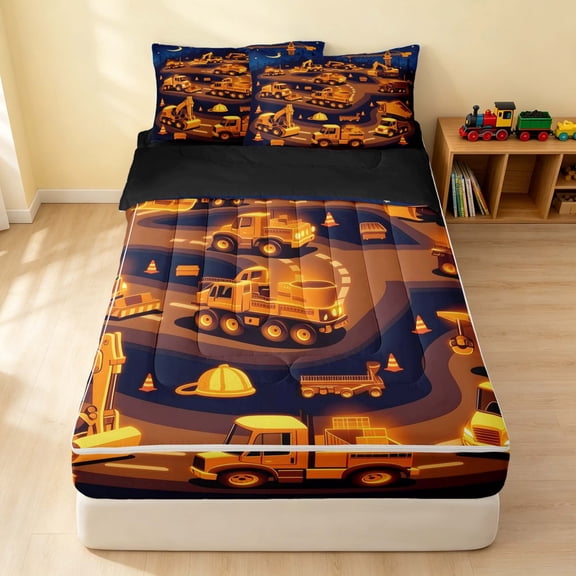 Erosebridal Construction Site Zipper Twin Comforter Sets with Fitted Sheet and 2 Pillowcases, Truck Zipper Bedding Set, Construction Site, Black Reversible
