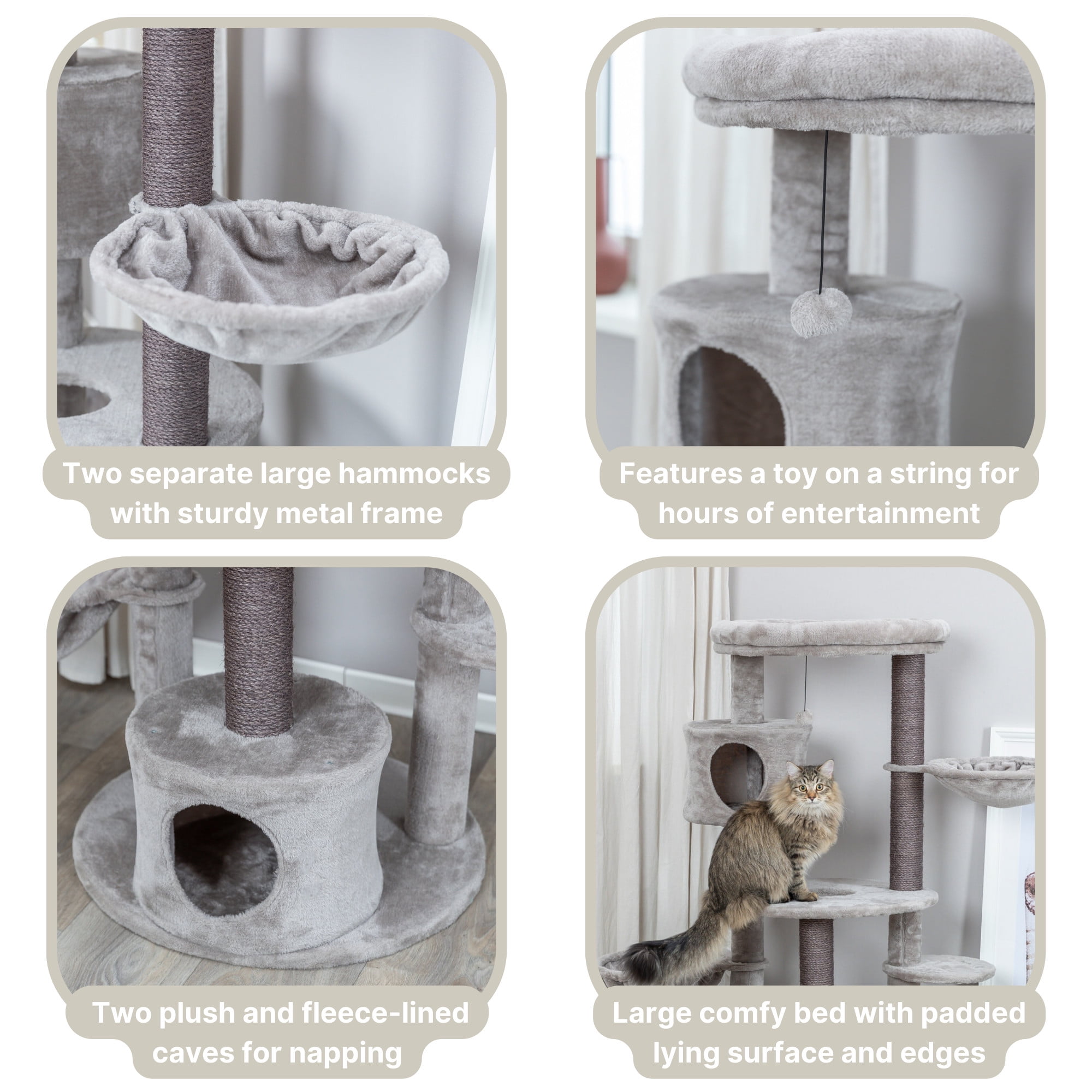 TRIXIE Anna Plush & Sisal 50" Cat Tree Scratching Posts Condos Hammocks Perches Cat Toy, Gray