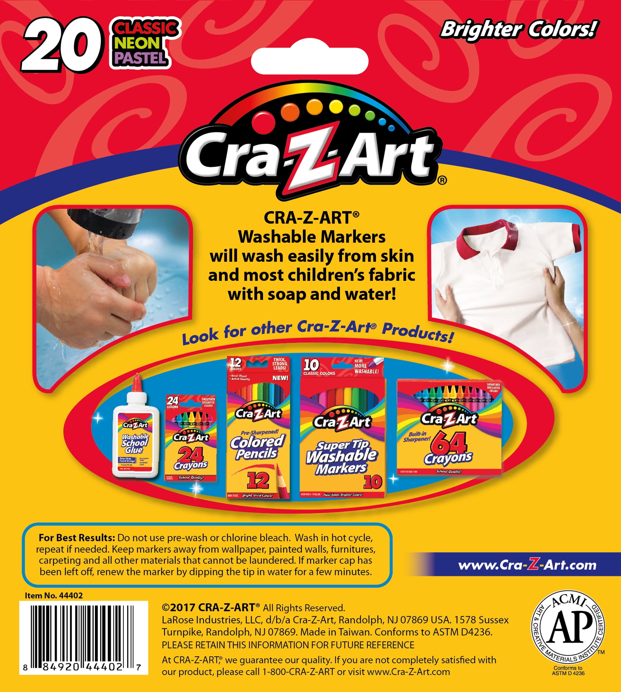 Cra-Z-Art Washable Markers, Broad Point, Assorted Colors, 20/Pack  (44402WM-20)