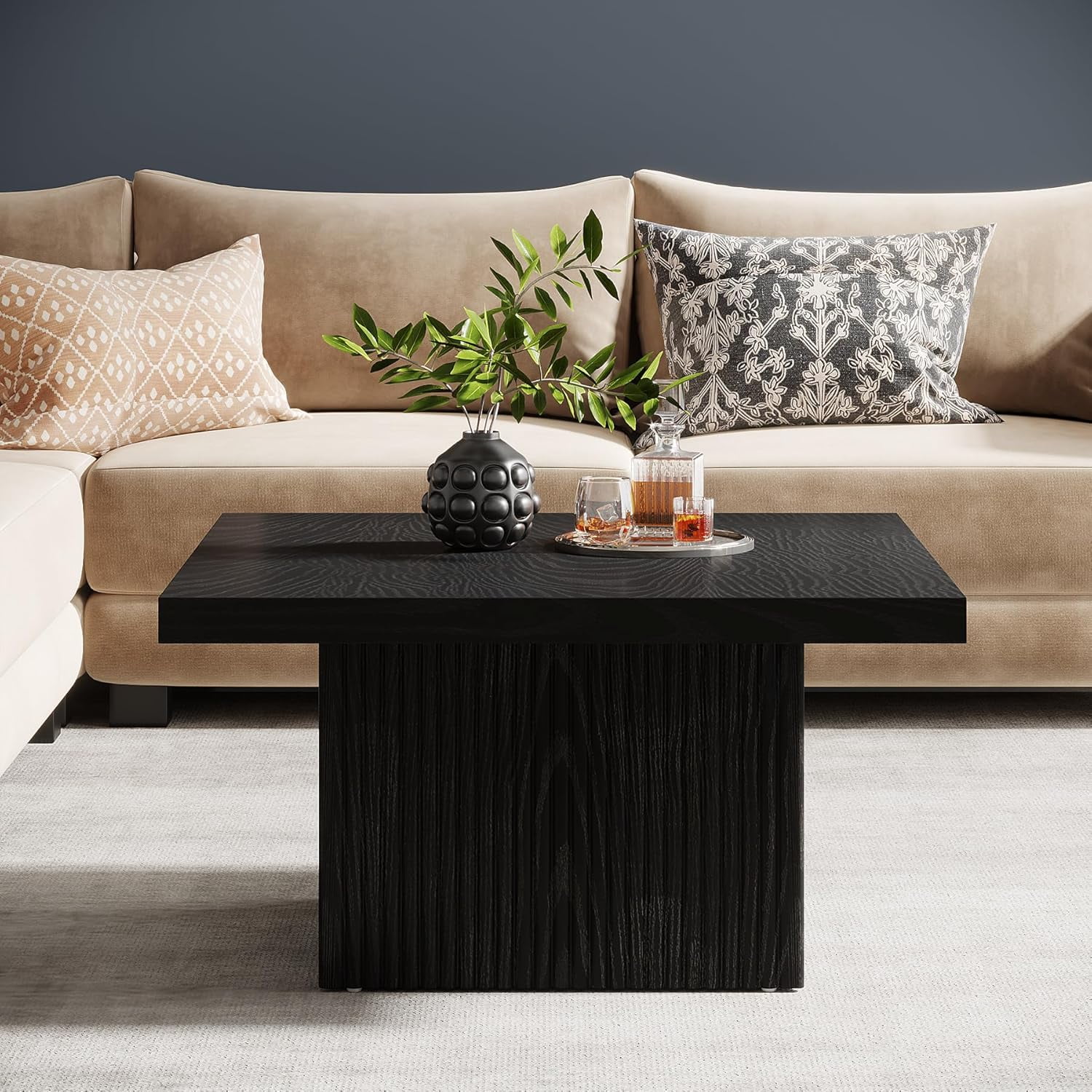 Finmind Square Coffee Table, 31.5-Inch Mid-Century Fluted Table, Large Cocktail Table for Living Room, Easy Assembly - Black