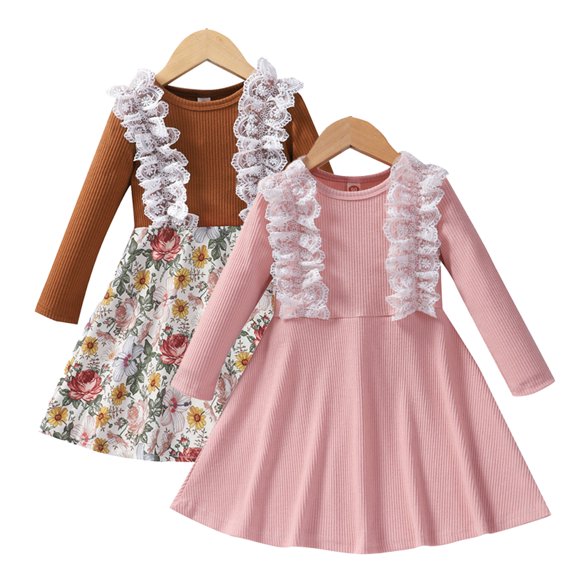KYAIGUO 2-6T Toddler Baby Girls Lacy Dress Long Sleeve Knit Tops Floral Dress Spring Fall Tutu Princess Dresses