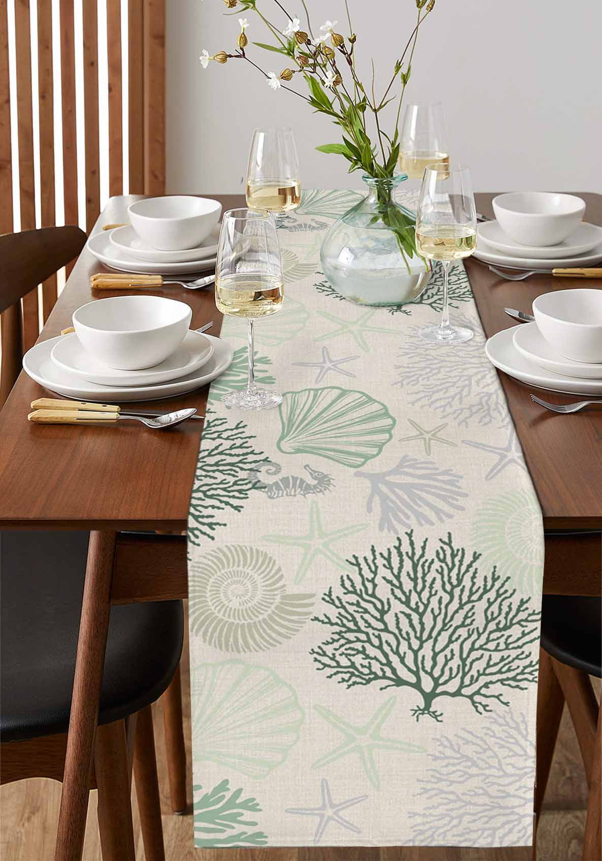 Sage Green Ocean Table Runner 108 Inches, Coastal Grey Coral Starfish Shell Bed Runner Dresser Scarves Tabletop for Indoor Outdoor Parties/Ceremony/Banquet, 13"x 108"