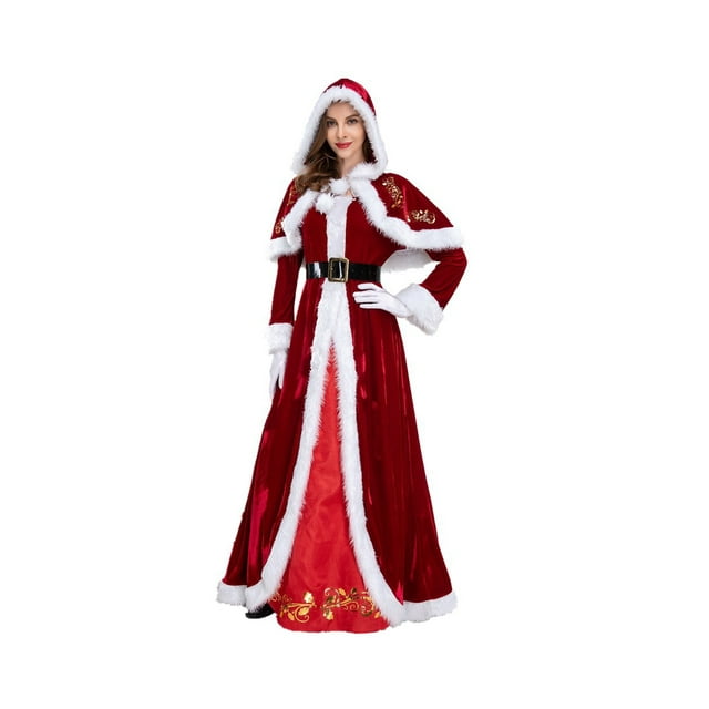 Gupgi Robe de Noël pour Femmes avec Père Noël, Cape à Capuche + Robe Maxi en Peluche Taille Haute avec Gants Blancs