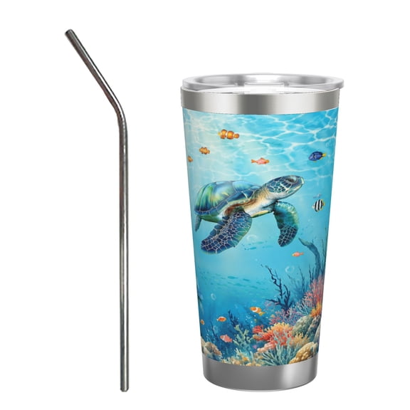 20oz Sea Turtle Ocean Coral Reef Insulated Tumbler with Handle and Straw Travel Cup Car Cup with Stainless Steel Straw