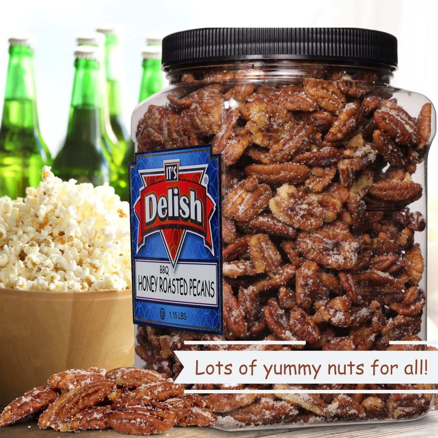 BBQ Honey Roasted Pecans by It's Delish, 1.15 LBS Reusable Jumbo Container Gourmet Pecan Nuts in Honey Sugar Coating and Barbecue Seasoning, Sweet & Savory Nut Snack - Vegan, Kosher Parve