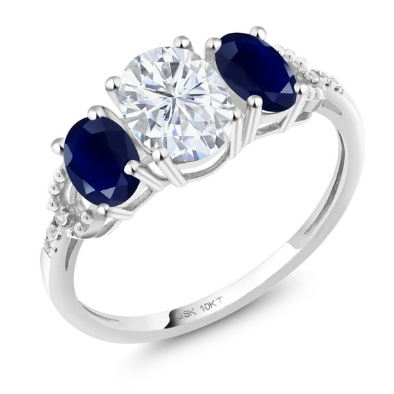Gem Stone King 10K White Gold Blue Sapphire and Moissanite 3-Stone Engagement Ring for Women (2.02 Cttw, Size 7)