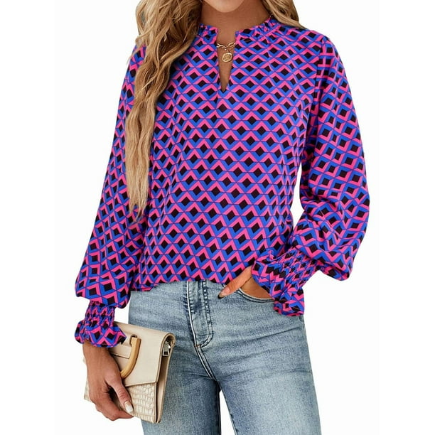 Blusa de Estilo Bohemio con Cuello en V y Mangas Largas, Estilo Floral, Informal, Holgada, de Verano, con Mangas Abullonadas para Mujer. Púrpura L