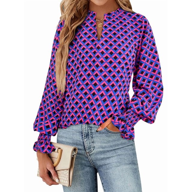 Blusa de Estilo Bohemio con Cuello en V y Mangas Largas, Estilo Floral, Informal, Holgada, de Verano, con Mangas Abullonadas para Mujer. Púrpura L