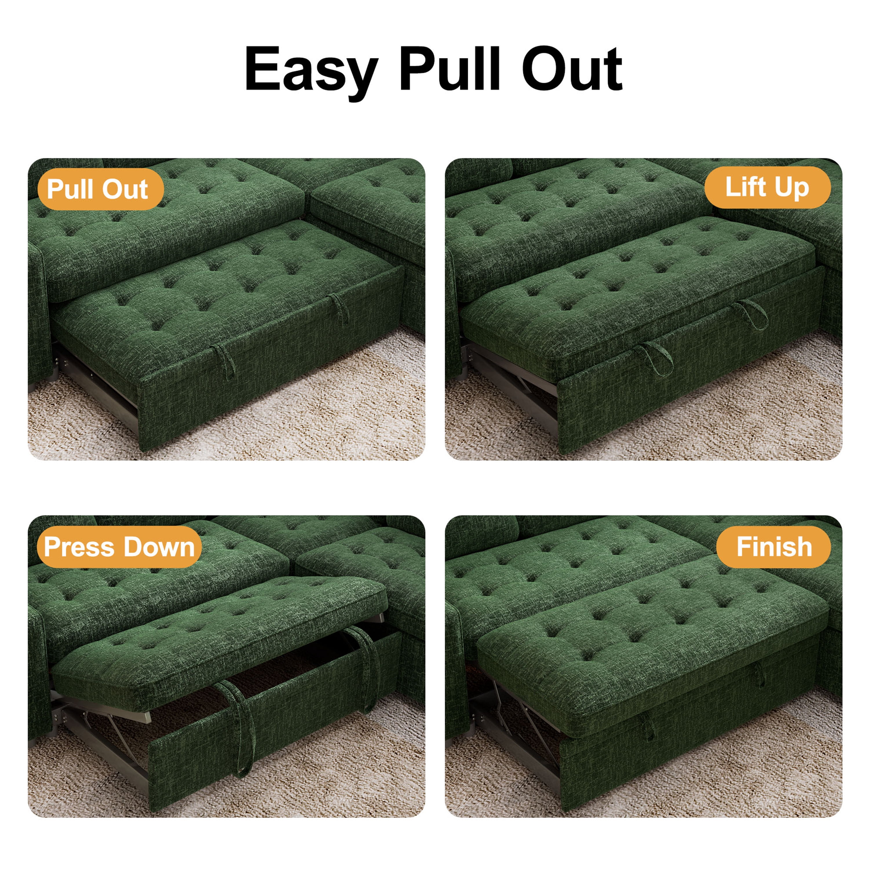 7-Seat Modular Sectional Sofa with Pull-Out Bed, Reclining Backrest, USB Ports, Table, LED Lights & Storage Seats – Tool-Free Assembly, Comfortable Living Room Furniture Green