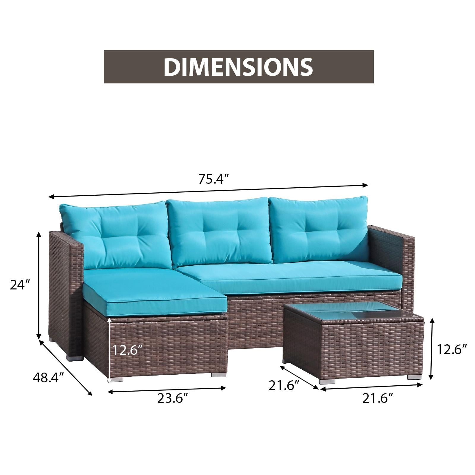 JOIVI Patio Set, PE Wicker Rattan Outdoor Conversation Set, Tempered Glass Coffee Table, Blue