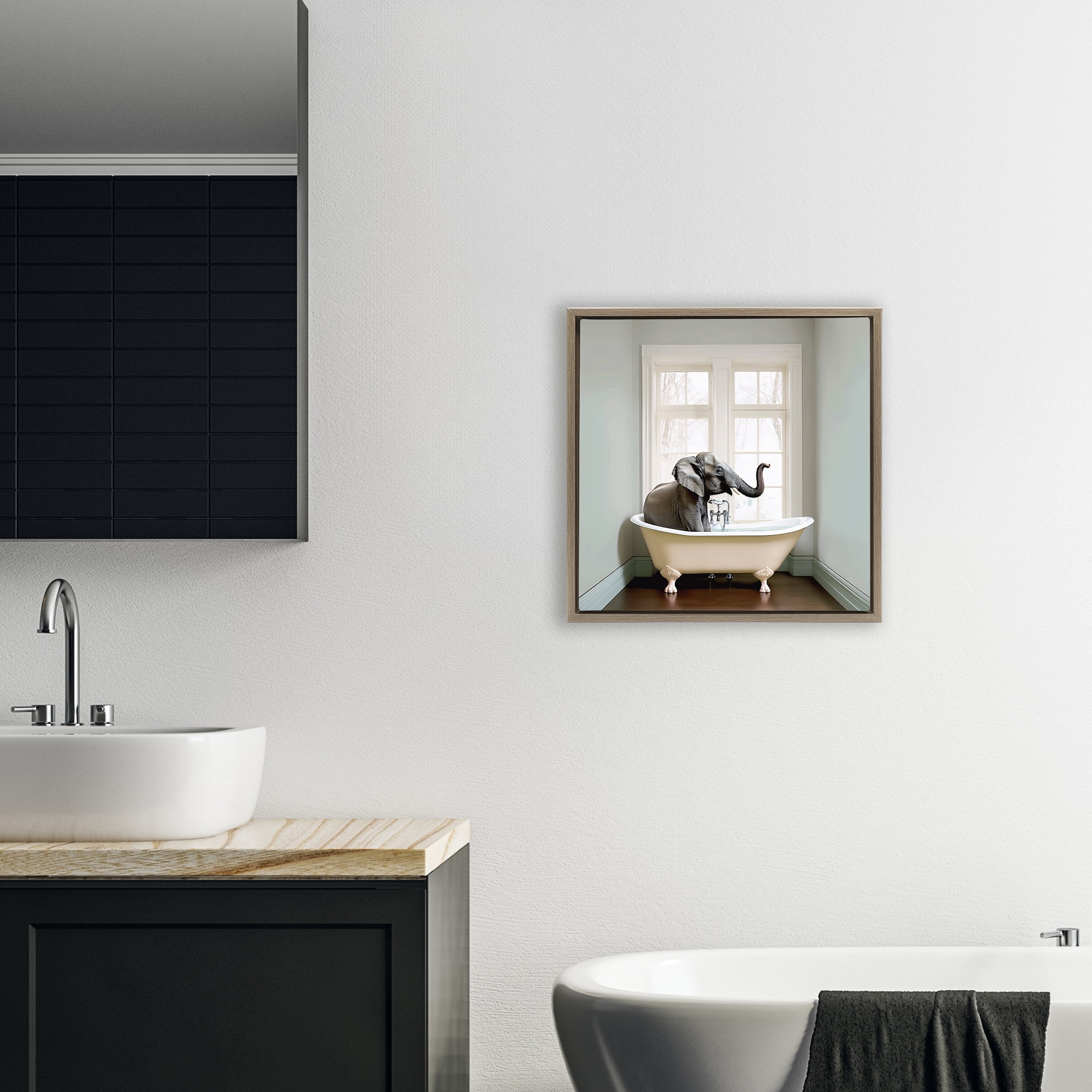 Minimal Elephant Bathtime Brown Framed Floater Canvas Wall Art, design by Sasha