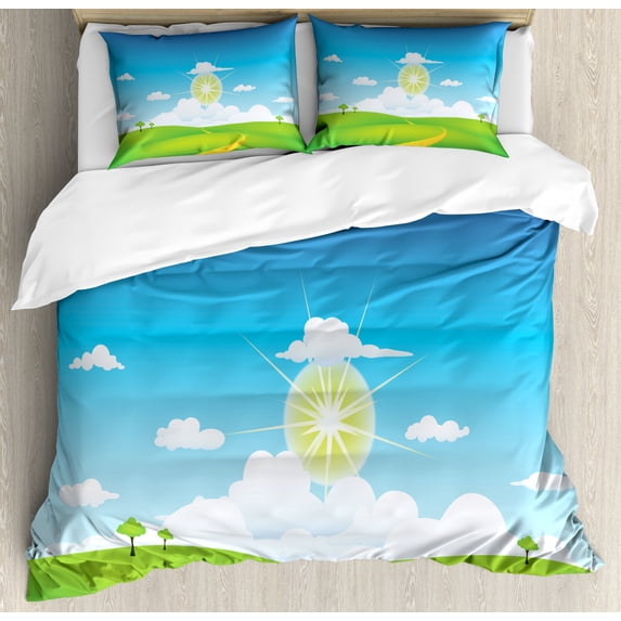Landscape Duvet Cover Set King Size, Illustration of an Outdoor Scene of Grassy Hill Sun and Clouds, Decorative 3 Piece Bedding Set with 2 Pillow Shams, Blue Green and Pale Green, by Ambesonne