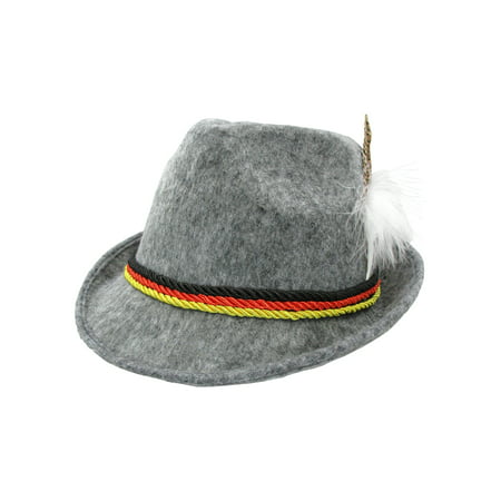 Deluxe Alpine Oktoberfest Tyrolean Hat With Feather, Gray, One Size