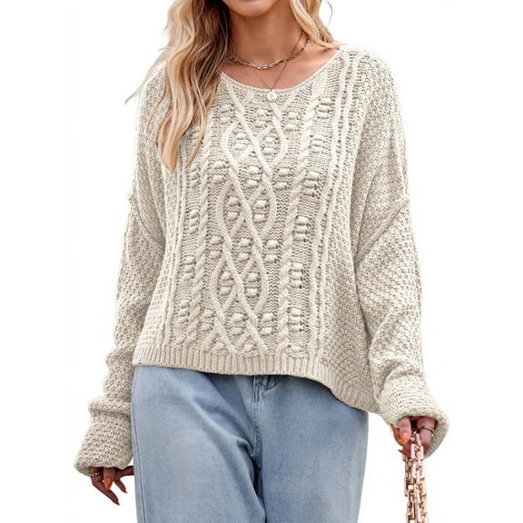 Womens Oversized Cable Knit Crew Neck Long Sleeve Fall Chunky Pullover Casual Loose Fit Sweater Tops S