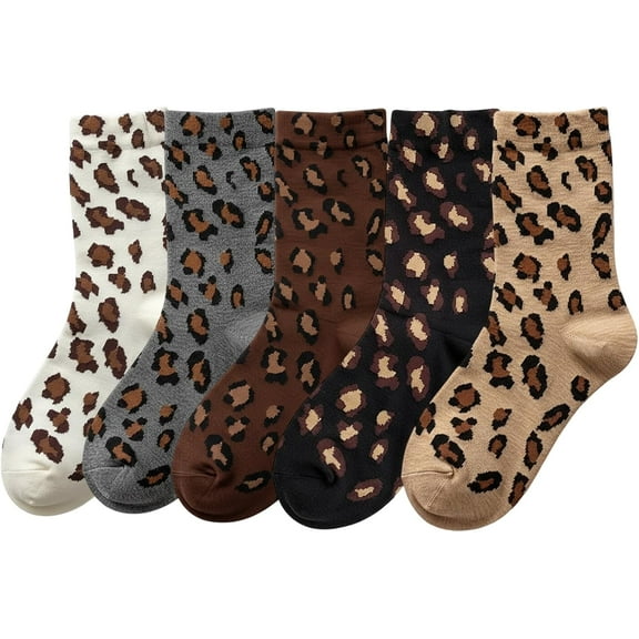 5-Pack Fashion Crew Socks,Leopard Socks Women,Cheetah Print Socks,Soft Breathable Material, One Size Fits Most
