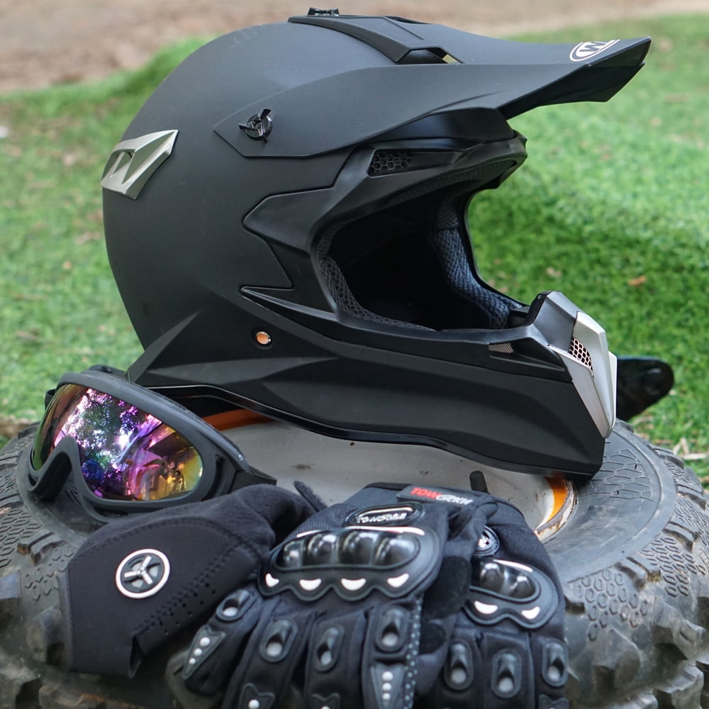Oumurs DOT Motocross Motorcycle Helmet, Black ABS, Open Face, Unisex Adult with Goggles, Gloves, Mask