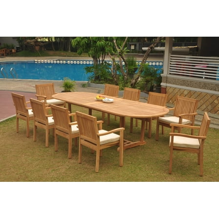 Grade-A Teak Dining Set: 10 Seater 11 Pc: 118" Double Extension Mas Oval Trestle Leg Table And 10 Leveb Stacking Arm Chairs WholesaleTeak #WMDSWVm