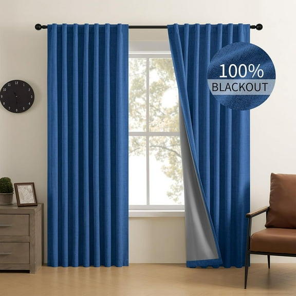 FFHAAD-Linen 100% Blackout Curtains 96 Inch Length 2 Panels Set, Back Tab and Rod Pocket Curtain for Living Room Bedroom, Room Darkening Window Drapes Thermal Insulated, (52x96 inch, Navy Blue)