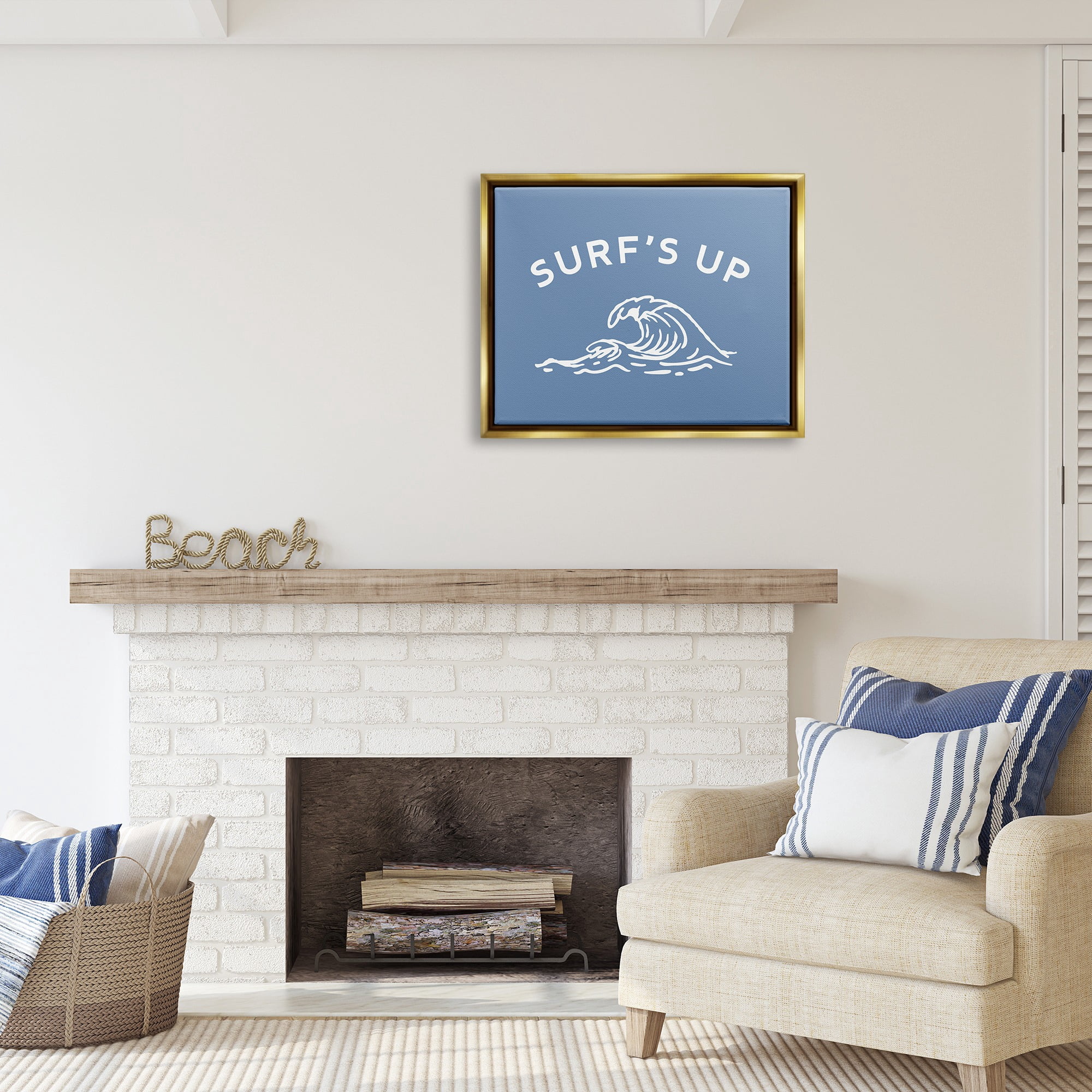 Stupell Industries Surf's Up on Blue Landscape Painting Gold Floater Framed Canvas Art Print Wall Art, 31 x 25