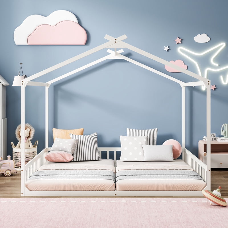 Double Twin Size House-Shaped Canopy Floor Bed with Safety Guardrails, Kids Wooden Low Profile Bed Frame with Open Roof Design