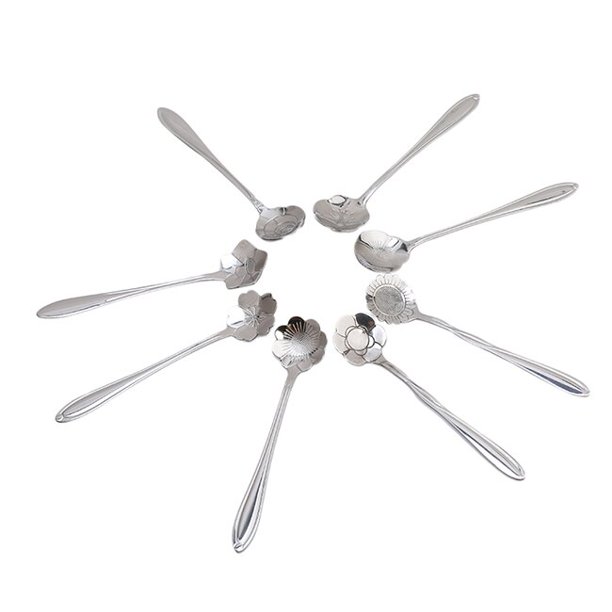Juego de 8 unids/set de cuchara dorada con diseño de flores, cuchara para mezclar café, té y postre de mango largo, de acero inoxidable, vajilla para bebidas Vintage Fivean unisex
