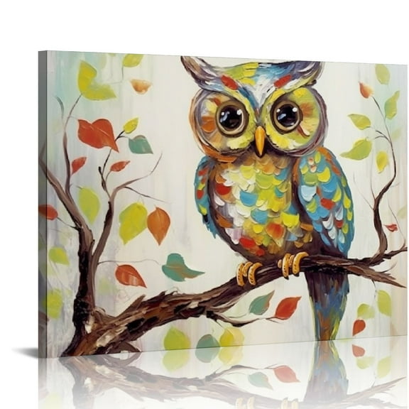 COMIO  Curious Owl Painting for Wall, Quirky Cute Owl Picture Canvas Art for Living Room Bedroom Wall Decor, Gallery Wrapped