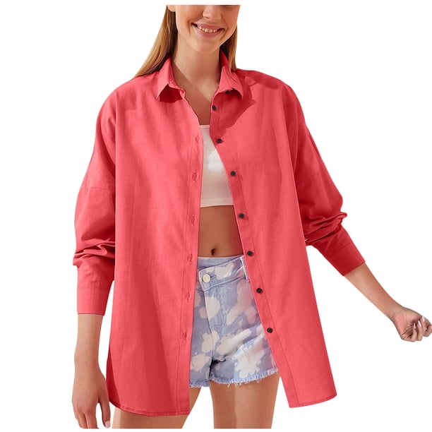 Blusa de color liso de manga larga con botones sueltos y solapa informal a la moda para mujer Fridja bvmnju7566