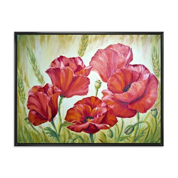 Designart 'Blossoming Red Poppies In The Morning' Traditional Framed Canvas Wall Art Print