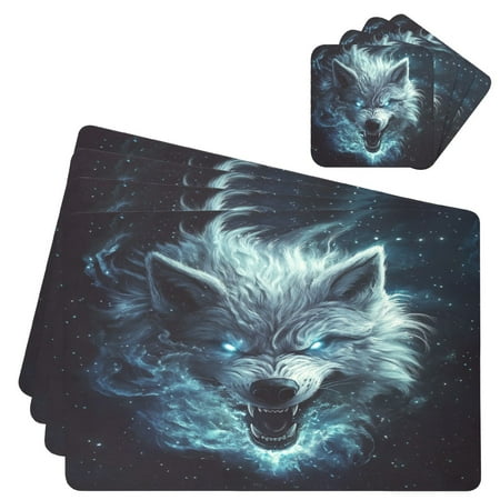 

Wobogo Show Ferocity Wolf Placemats Coasters Set of 4 Heat-resistant Non-slip Easy to Clean Square Dinner Plate Mat