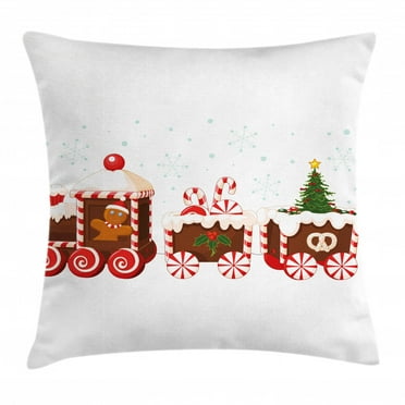 Christmas Throw Pillow Cushion Cover, Train made of Gingerbread Cream and Candy Cartoon Toys Snowflakes Presents, Decorative Square Accent Pillow Case, 18 X 18 Inches, White Brown Red, by Ambesonne