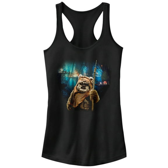 Junior's Star Wars Tree Village Wicket Ewok Racerback Tank Top Black 2X Large