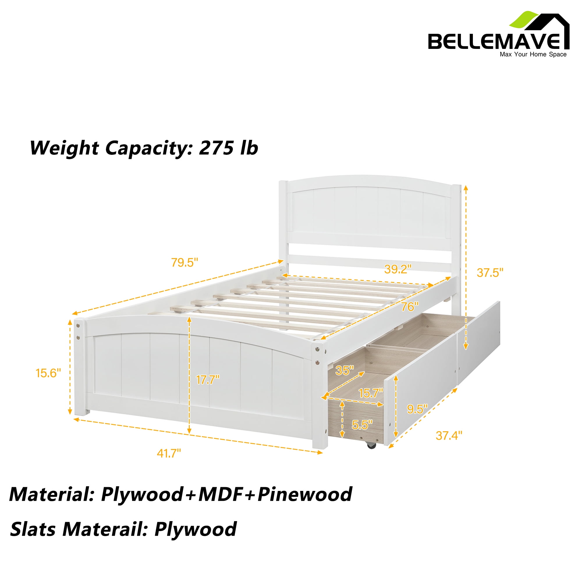 Bellemave Twin Platform Bed with Storage Drawer, White