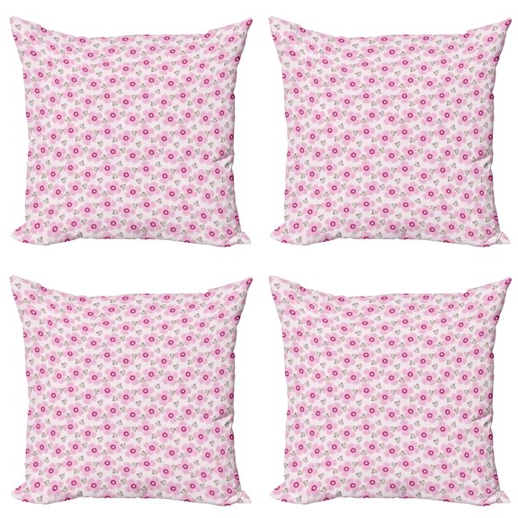 Ambesonne Floral Throw Pillow Cover 4 Pack, Pink Blossoms Dotted Petals, 24", Pale Pink Magenta