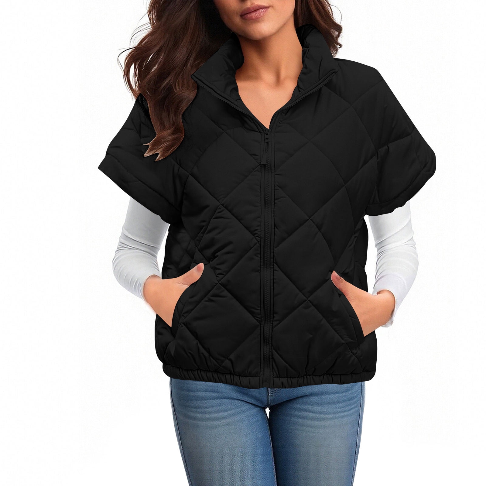 Guzom Womens Short Sleeve Zip Front Quilted Jacket - 100