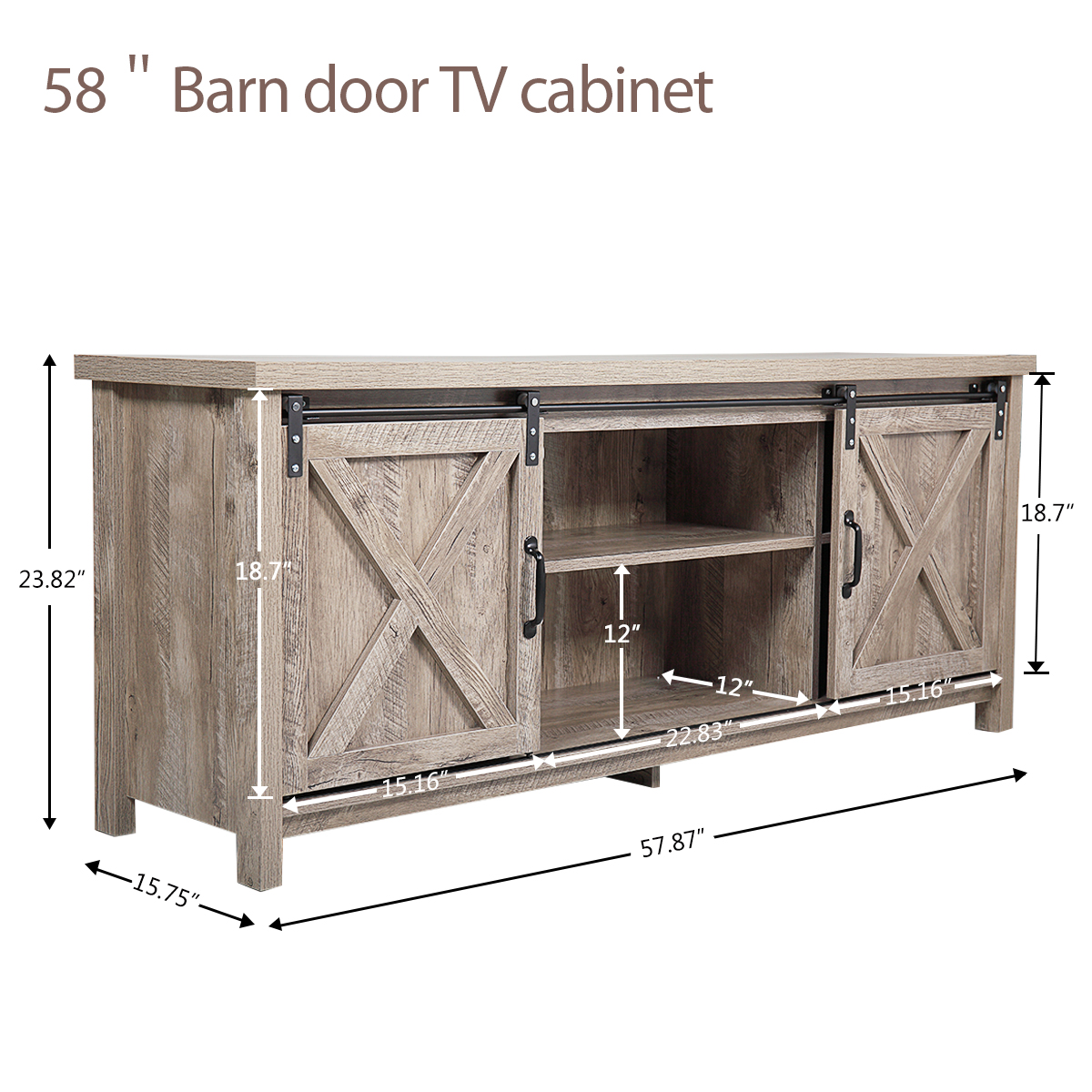 Veryke 58" TV Cabinet, Sliding Barndoor Wooden TV Console Table, PB Board TV Stand for Flat Screen TV Cable Box Gaming Consoles - image 3 of 7