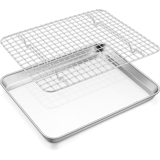 Stainless Steel Baking Sheet with Wire Rack Set .\uD x .\uD Cookie Sheet Baking Pan for Toaster Oven Small Metal Tray with Cooling Rack for Cooking Roasting & Dishwashe