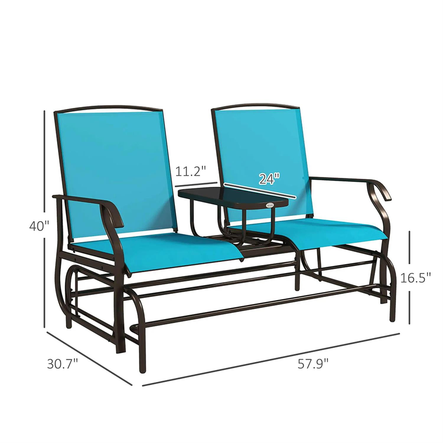Demi Bonn Outdoor Glider Chairs with Center Table, Metal Frame Patio Loveseat Bench with Breathable Mesh Fabric and Armrests for Backyard Garden Porch, Blue