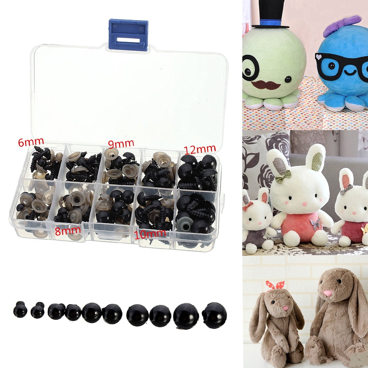 6-12mm Black Plastic Safety Eyes Noses with Washers for Puppet Bear Doll Animal Stuffed Toys DIY Sewing Craft 100pcs 1 Box