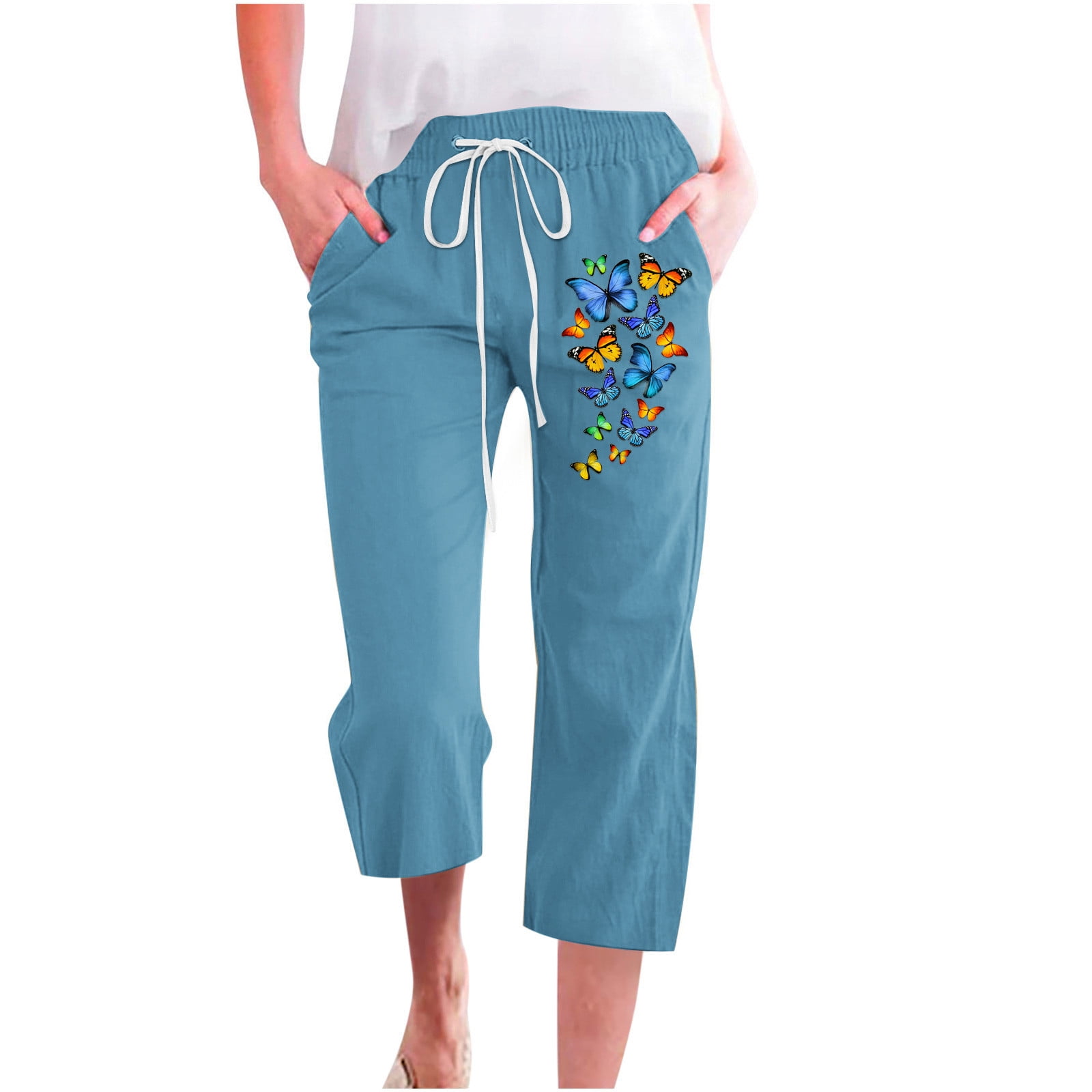 ZQGJB Womens Wide Leg Capris Casual Butterfly Print Summer Elastic High  Waist Cotton Linen Carpi Pants Loose Comfy Cropped Lounge Trousers Dark  Blue