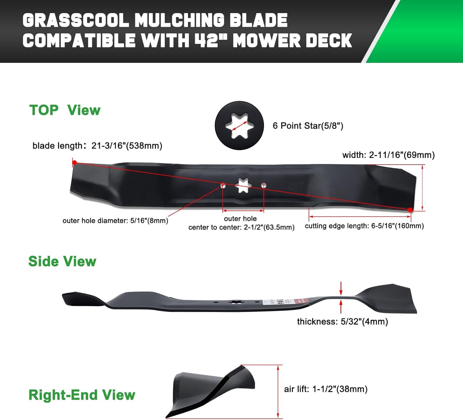 42 Inch Mower Mulching Blades for Cub Cadet Troy Bilt MTD Bronco Replace 742-04126 742-0616 942-0616 (6 Point Star)