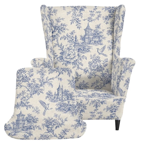 XYZCANDO Blue Toile Print Wingback Chair Cover 2 Piece, Stretch Spandex Washable Wing Chair Slipcovers for Living Room, Soft Furniture Protector with Elastic Bottom