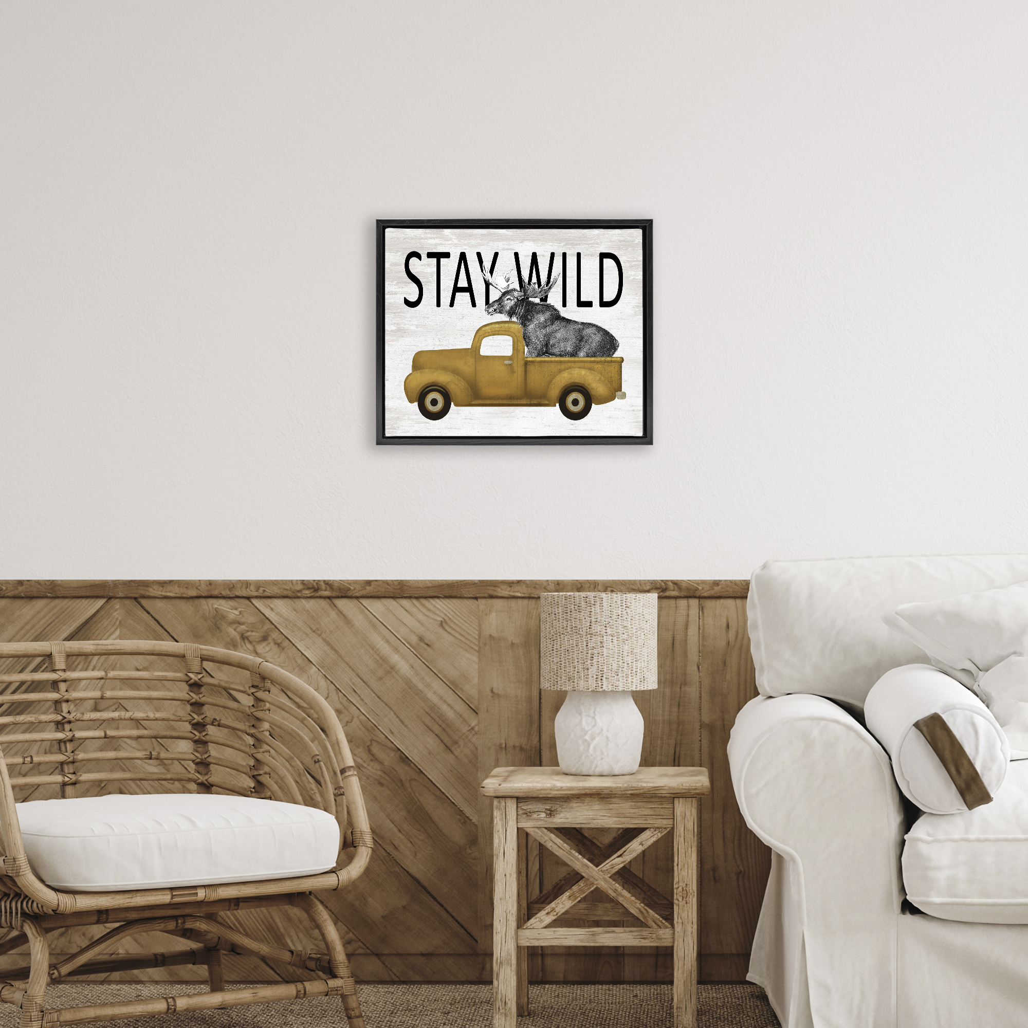 Stay Wild Moose Truck Black Framed Floater Canvas Wall Art, design by Lettered and Lined