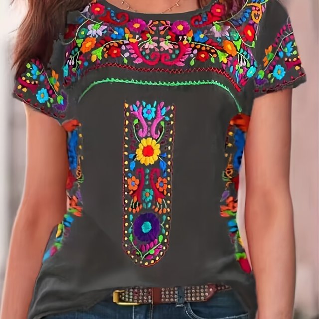 Camiseta Étnica Con Estampado Floral, Camiseta De Verano De Manga Corta Con Cuello Redondo Bohemio, Ropa De Mujer