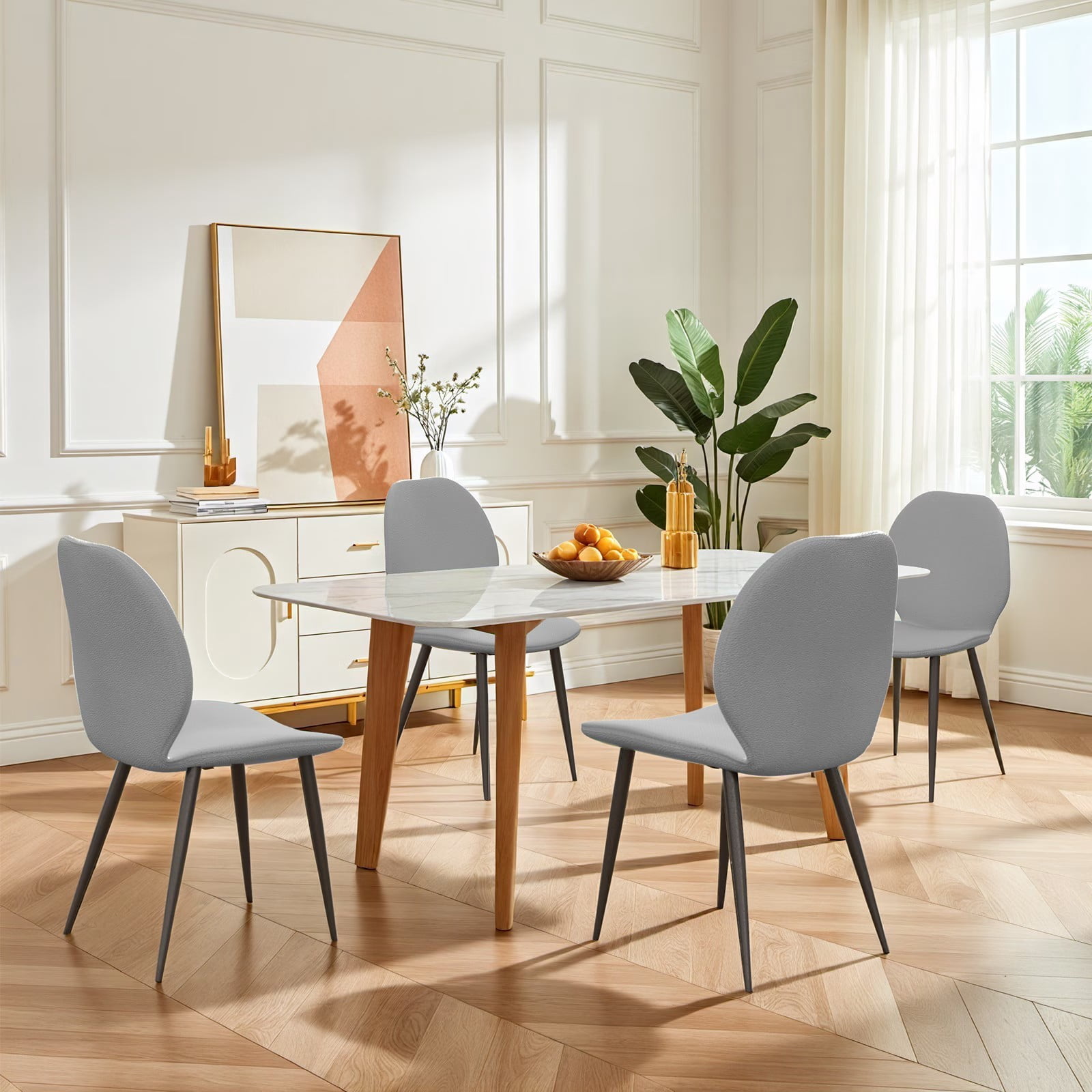 Light Grey Leather Dining Chairs Set of 4, Shell Back Upholstered Kitchen Dining Chairs with Metal Legs for Dining Room, Living Room