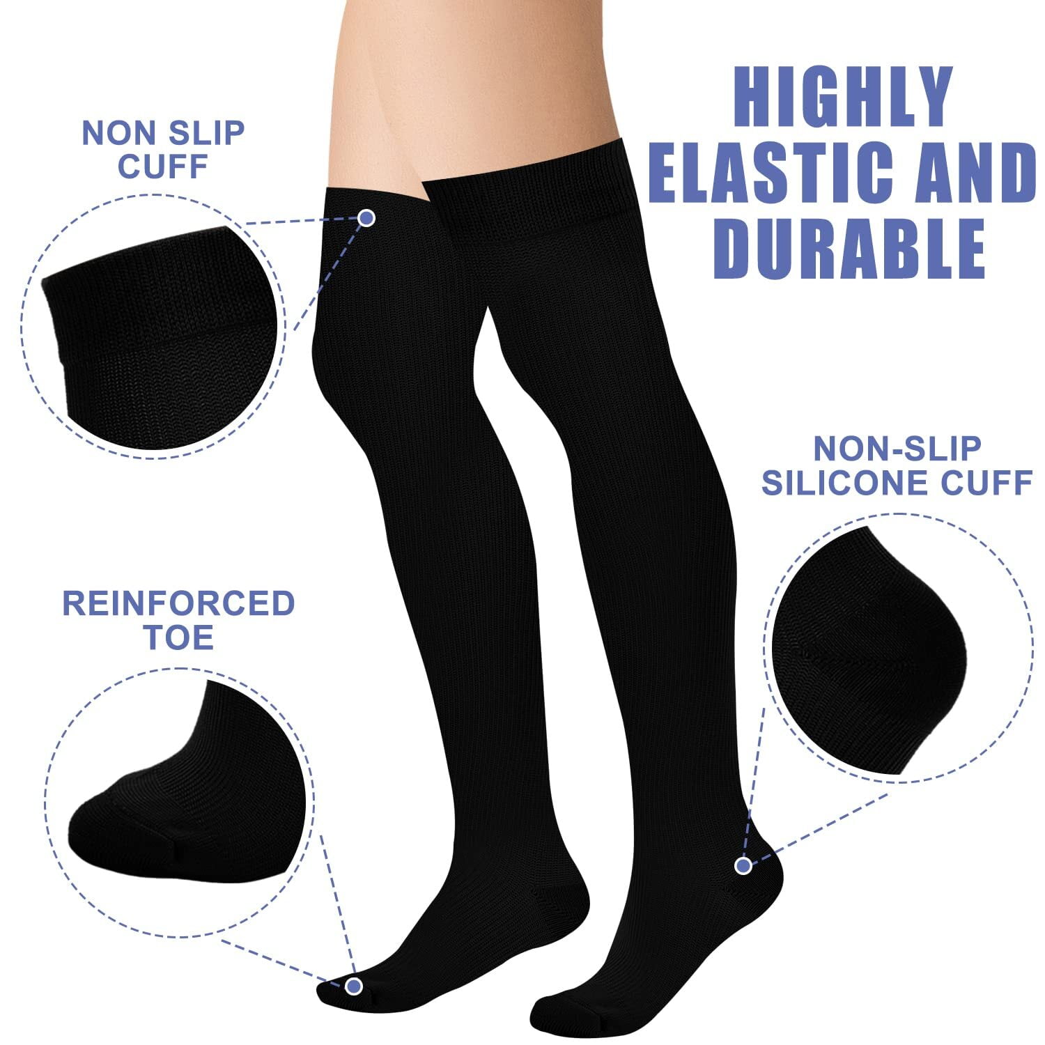 3 Pairs Thigh High Compression Socks for Women and Men Circulation 20-30 mmhg Over the Knee, Best Support for Running, Cycling, Nursing