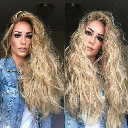 Long Blonde Highlights Wavy Wigs,Dark Roots Ombre Multicolor Wig,Natural Fluffy Shaggy Layered,Wavy Women Fiber Parting Gold Curly Wig Hair Brazilian Long High Temperature Wig,Gold,11.3oz,17in