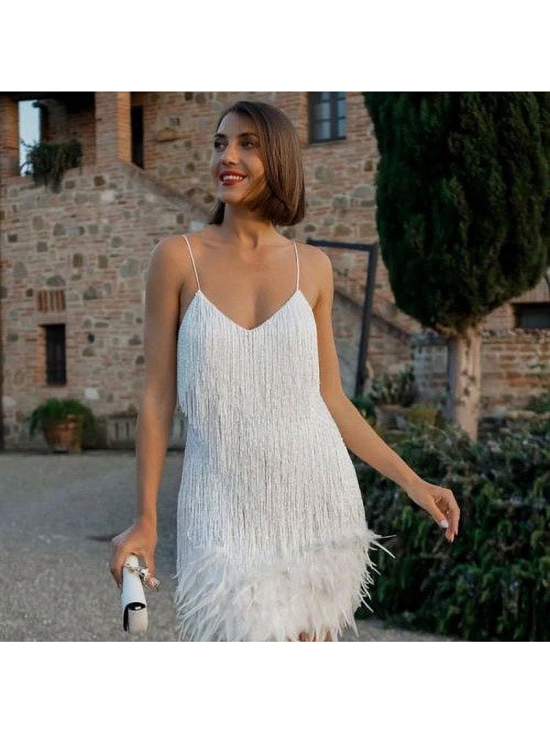 women's feather fringe sequin spaghetti strap dress 2026 European and American Summer New Women's Spaghetti Strap Sequins  Fringe Feather Hem Mini Party Cocktail Dress