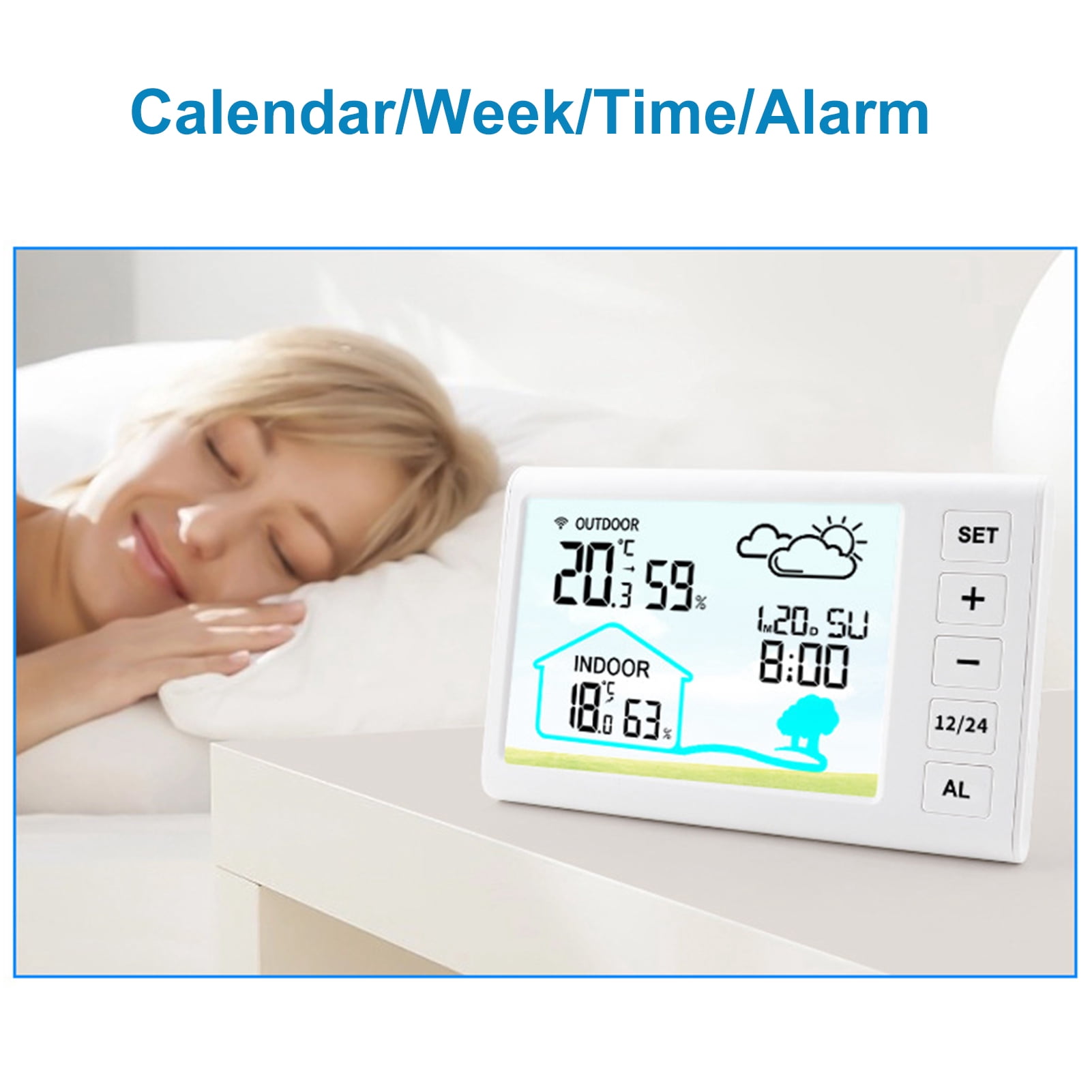 Riousery Wireless Weather Station Indoors Outdoors Temperature Humidity Display Clock Alarm with Adjustable Backlight, 5.3x3.3 inches / 13.5x8.4 cm