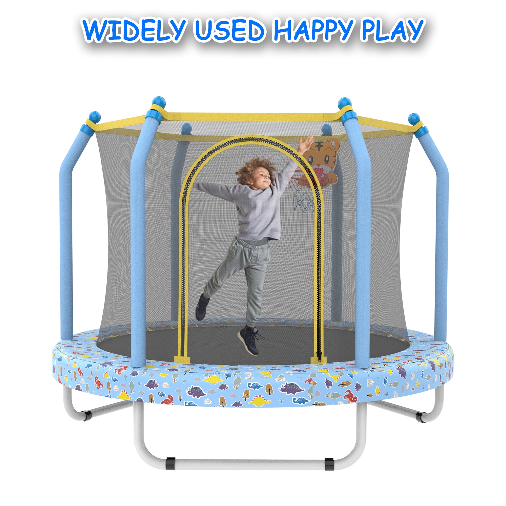 ZIVACATE 55 Inch Outdoor Toddler Trampoline with Enclosure Net, Mini Round Trampoline for Kids with Basketball, Small Trampoline Gifts for Boy and Girls,Blue